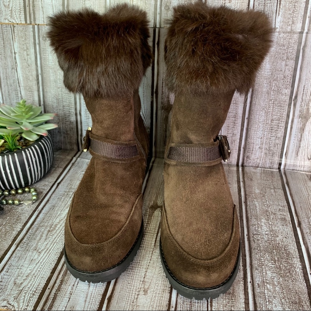 STUART WEITZMAN Luxury Warm Winter Fur Cuffed Chocolate Suede Flat Boots, 7 - Picture 5 of 16